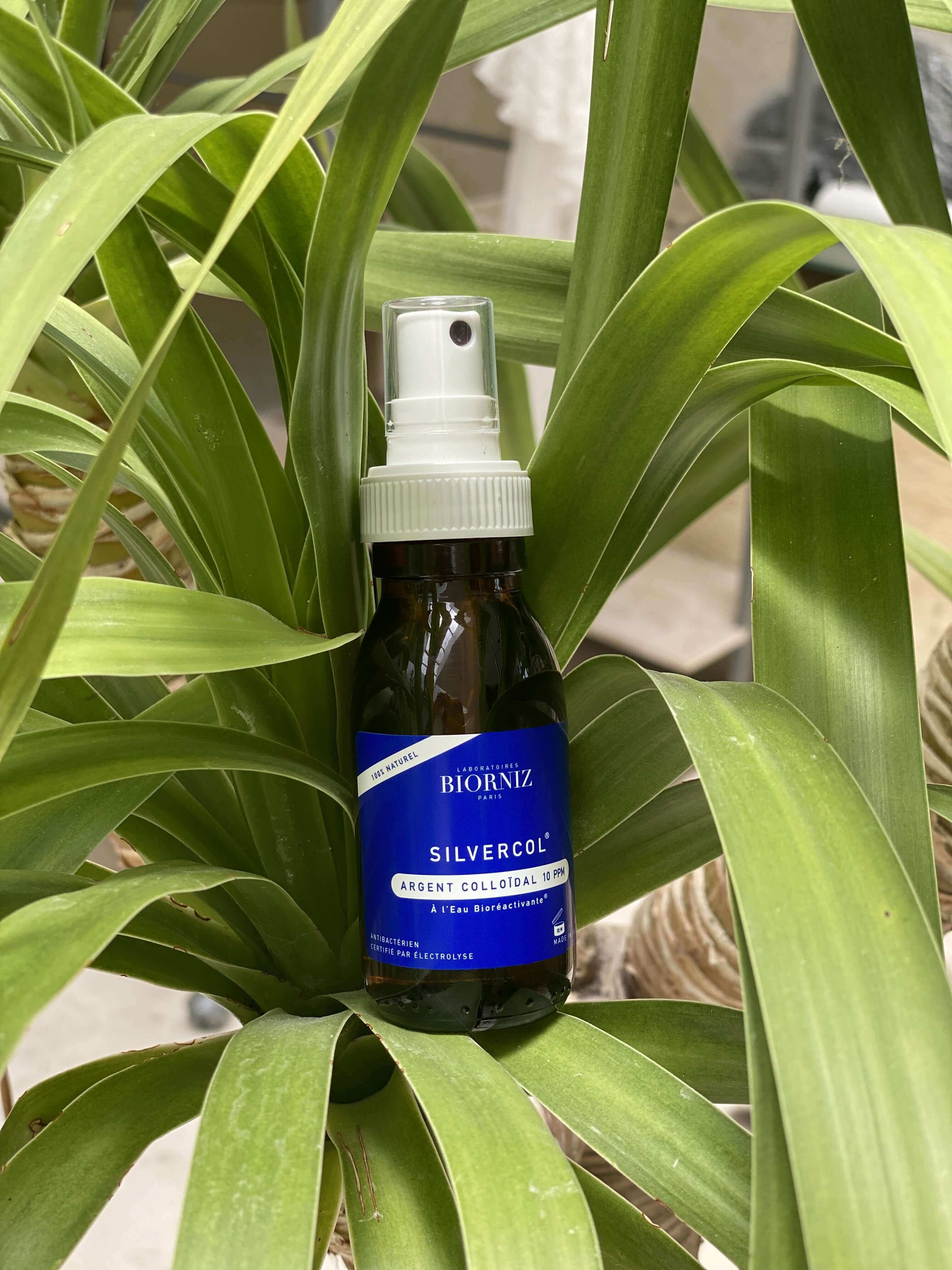 Spray d'argent colloïdal 10 ppm au milieu de feuilles vertes