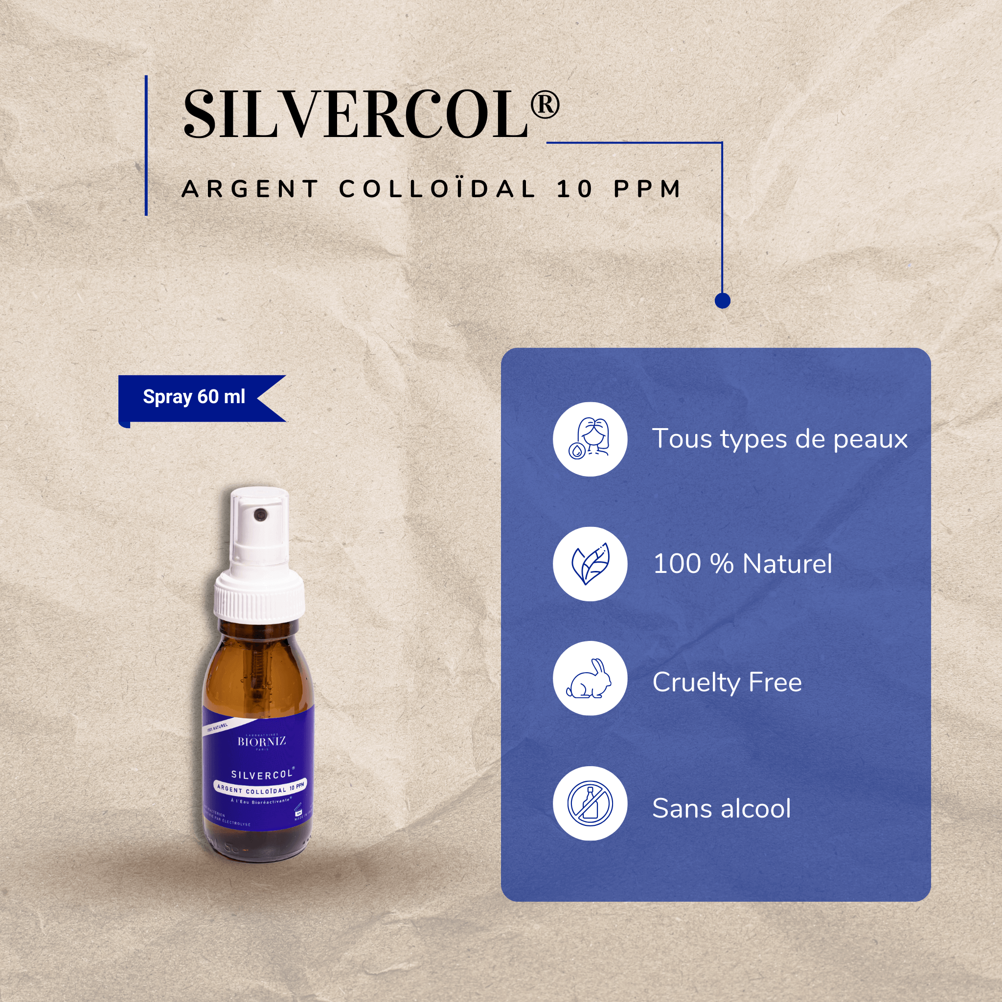 Argent Colloïdal 10 PPM spray 60 ml dans un flacon en verre - Solution antibactérienne naturelle